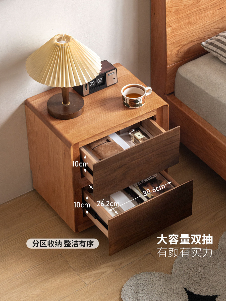 实木床头柜黑胡桃木樱桃木拼色储物柜卧室轻奢双抽收纳柜